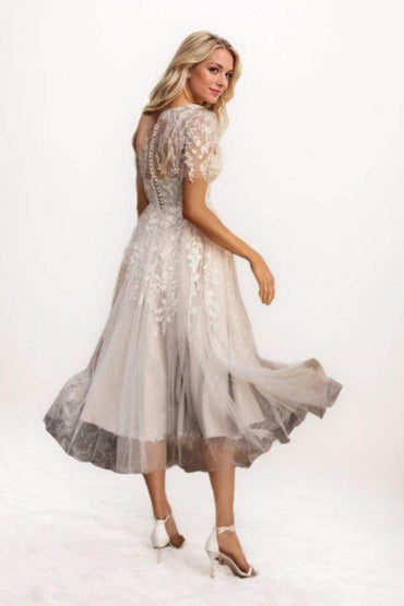 A-Line Tea Length Lace Tulle Wedding Dress CW3427 - COCOMELODY