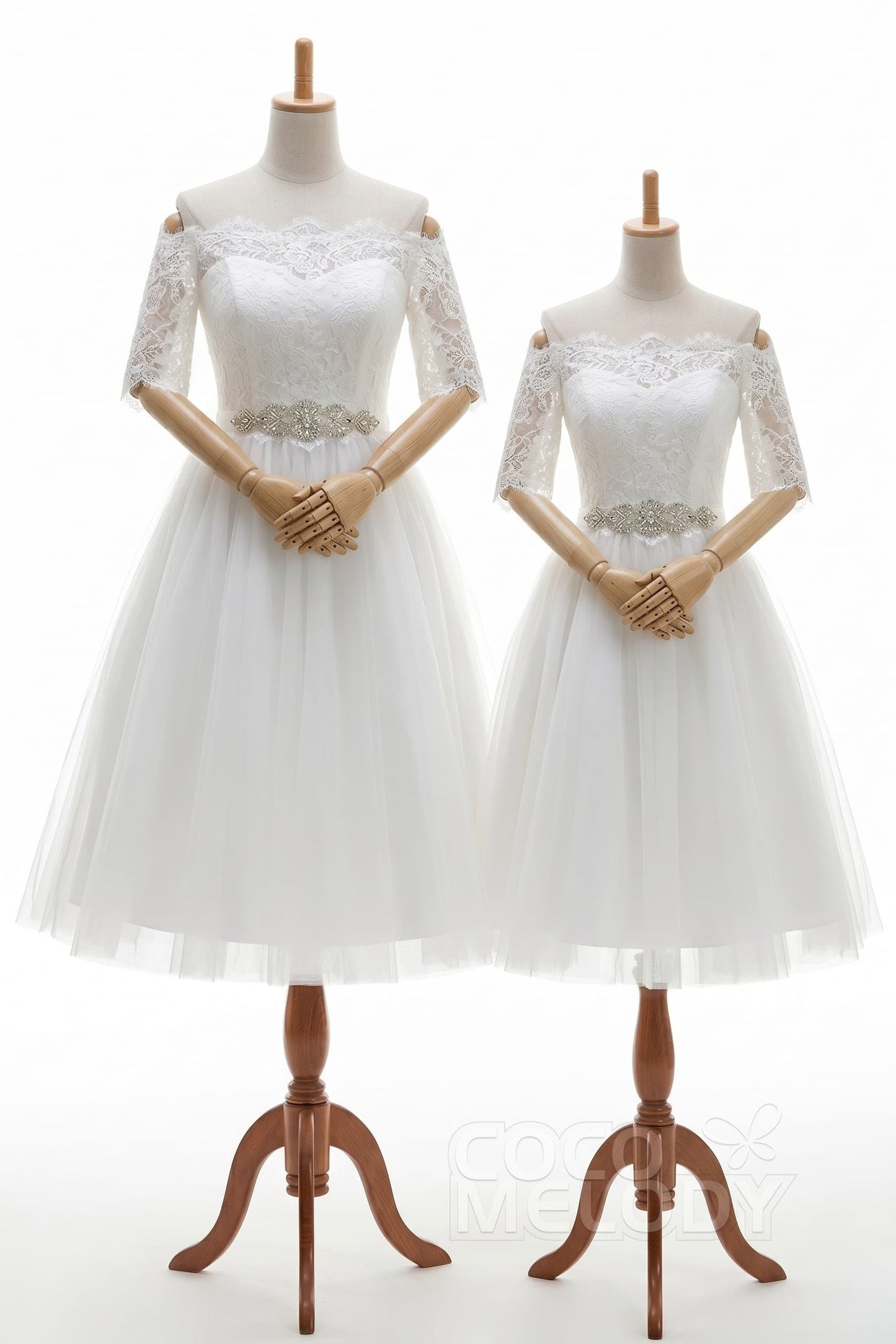 A-Line Tea Length Lace Tulle Wedding Dress CW3428