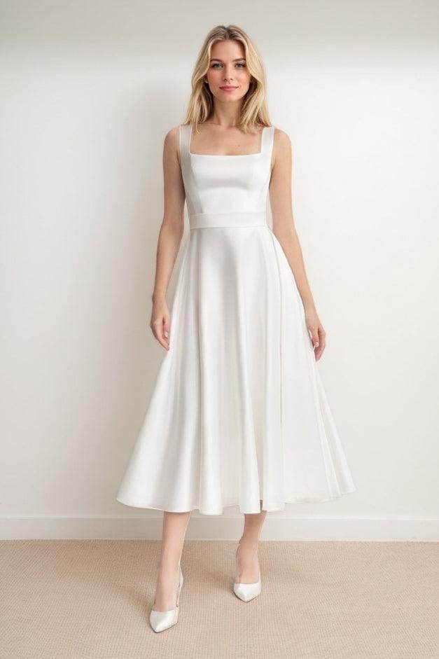 A-Line Tea Length Satin Short White Wedding Dresses COCOMELODY CW3438, 25 Days / Choose from Satin Color Chart / Custom Size A-Line Tea Length Satin Short White Wedding Dresses COCOMELODY CW3438, 25 Days / Choose from Satin Color Chart / Custom Size