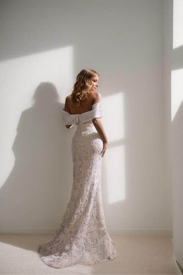 A-Line Sweep-Brush Train Lace Satin Wedding Dress CW3468 - COCOMELODY