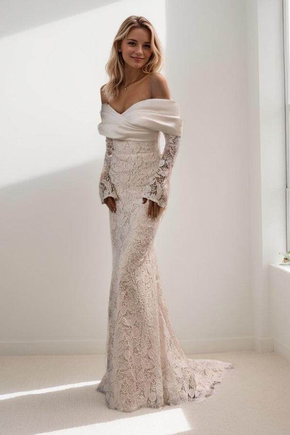 A-Line Sweep-Brush Train Lace Satin Wedding Dress CW3468 - COCOMELODY