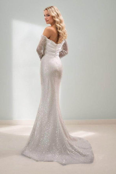 Sheath-Column Court Train Sequined Lace/Satin Wedding Dress CW3469 - COCOMELODY