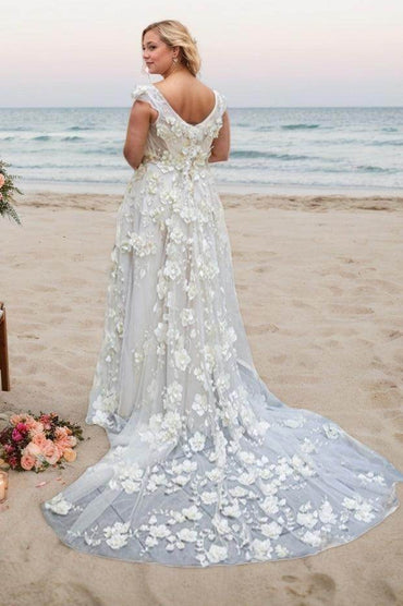 A-Line Sweep-Brush Train Lace Tulle Wedding Dress CW3490 - COCOMELODY