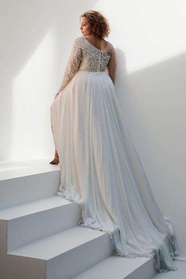 A-Line Sweep-Brush Train Lace Chiffon Wedding Dress CW3495 - COCOMELODY