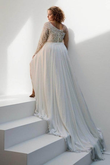 A-Line Sweep-Brush Train Lace Chiffon Wedding Dress CW3495 - COCOMELODY