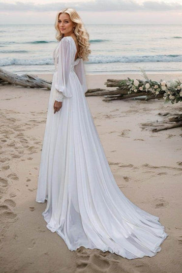 A-Line Sweep-Brush Train Lace Chiffon Wedding Dress CW3498 - COCOMELODY