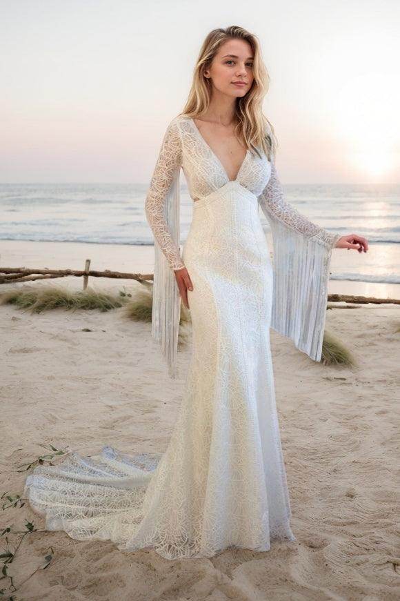 Grace In Every Lace Detail Long Sleeves With Tassel Wedding Dresses COCOMELODY CW3499, 25 Days / Ivory / US14-UK16-EUR44 Grace In Every Lace Detail Long Sleeves With Tassel Wedding Dresses COCOMELODY CW3499, 25 Days / Ivory / US14-UK16-EUR44