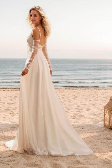 A-Line Sweep-Brush Train Lace Chiffon Wedding Dress CW3501 - COCOMELODY