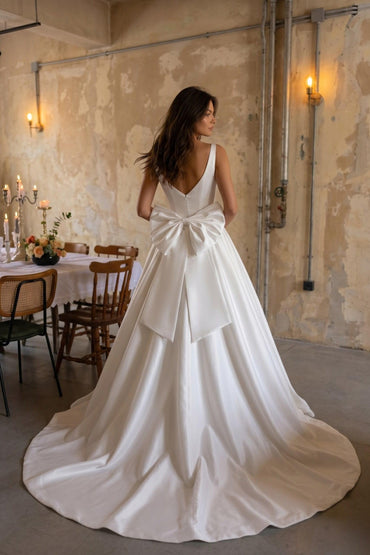 A-Line Court Train Satin Wedding Dress CW3503 - 25 Days / Ivory / US0-UK2-EUR30 - COCOMELODY