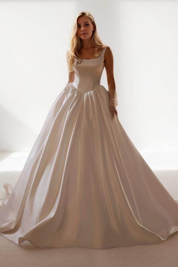 Simple Satin Basque Waist Wedding Dress A-Line Square Neck Bridal Gown with Bow COCOMELODY CW3503 Simple Satin Basque Waist Wedding Dress A-Line Square Neck Bridal Gown with Bow COCOMELODY CW3503