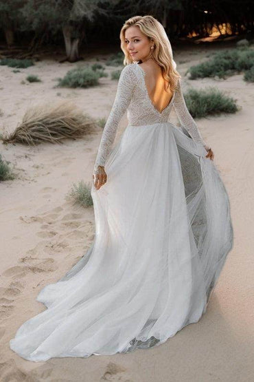 A-Line Sweep-Brush Train Lace Wedding Dress CW3507 - COCOMELODY