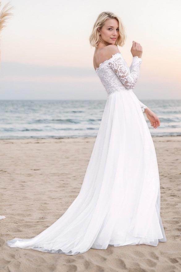 A-Line Sweep-Brush Train Lace Wedding Dress CW3508 - COCOMELODY