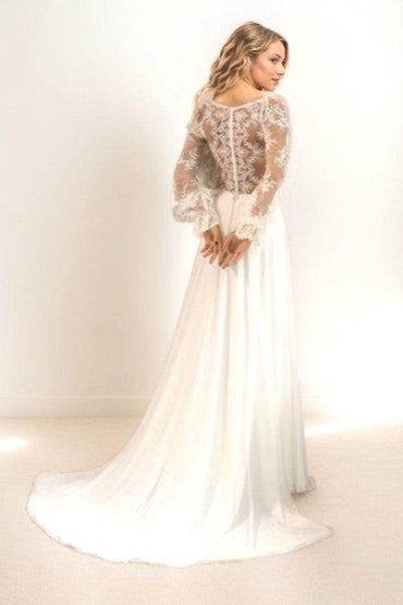 A-Line Sweep-Brush Train Lace Chiffon Wedding Dress CW3513 - COCOMELODY