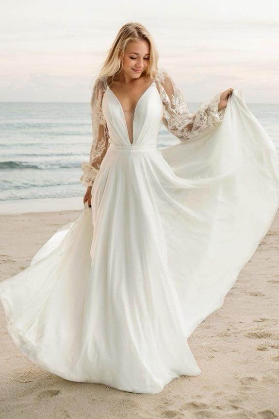 Lace Long Sleeves Of Romance Wedding Dresses With Deep V Neckline COCOMELODY CW3513, 25 Days / Ivory / US10-UK12-EUR40 Lace Long Sleeves Of Romance Wedding Dresses With Deep V Neckline COCOMELODY CW3513, 25 Days / Ivory / US10-UK12-EUR40