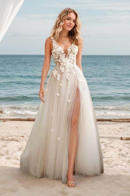 beach wedding dresses romantic Tulle A-line Off-the-Shoulder Beach Wedding Dresses With Side Slit, MW889