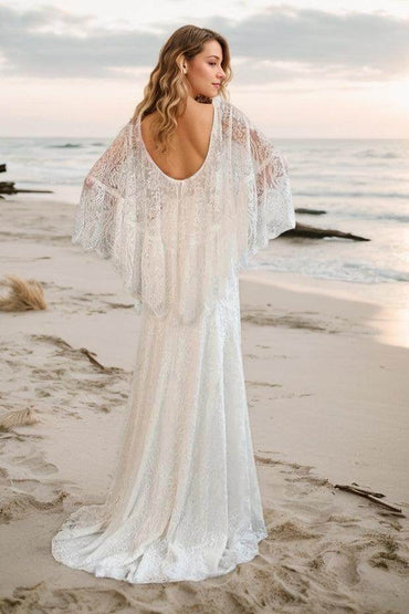 Sheath-Column Sweep-Brush Train Lace Wedding Dress CW3523 - COCOMELODY