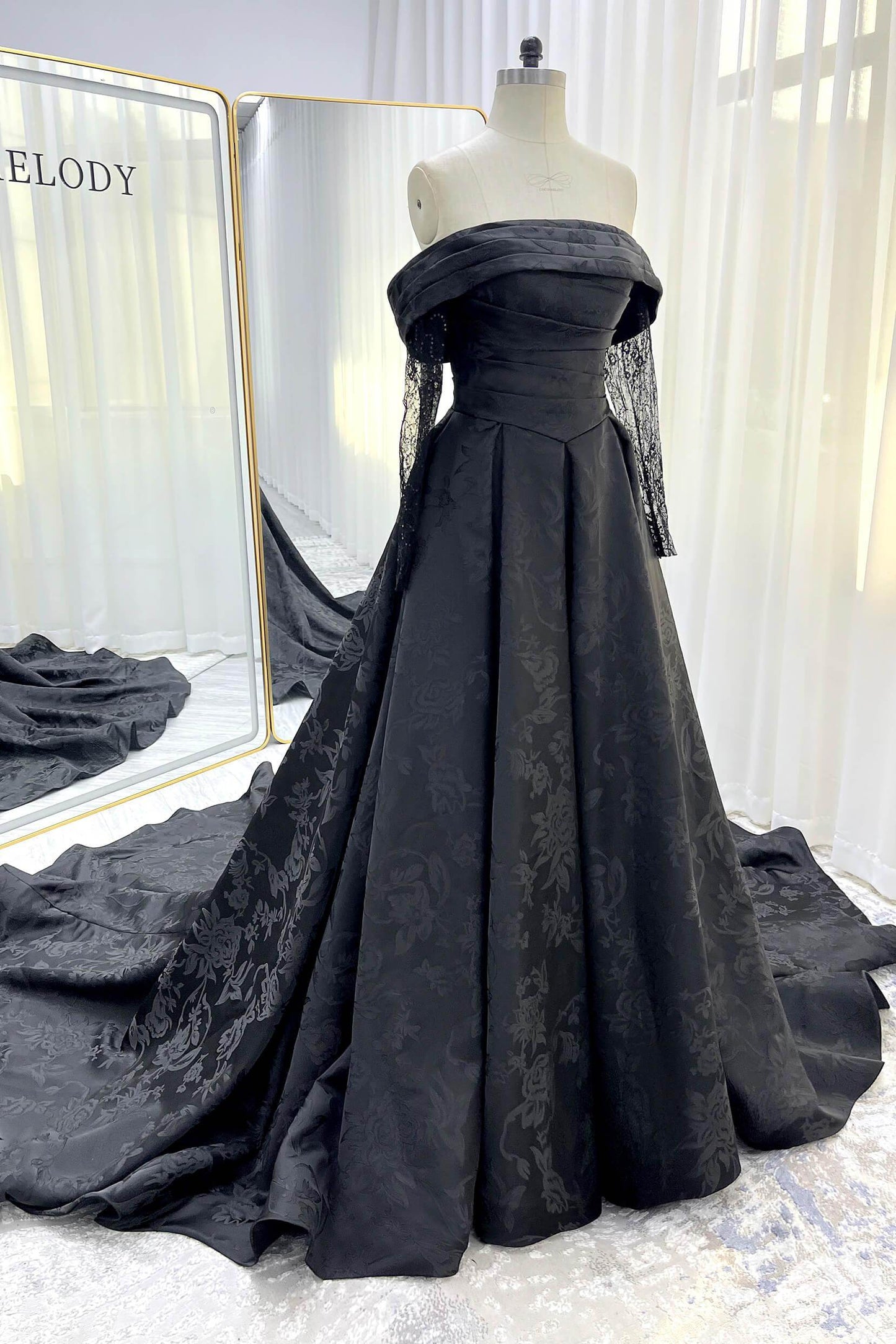 A-Line Court Train Jacquard Satin Lace Wedding Dress CW3526 - COCOMELODY
