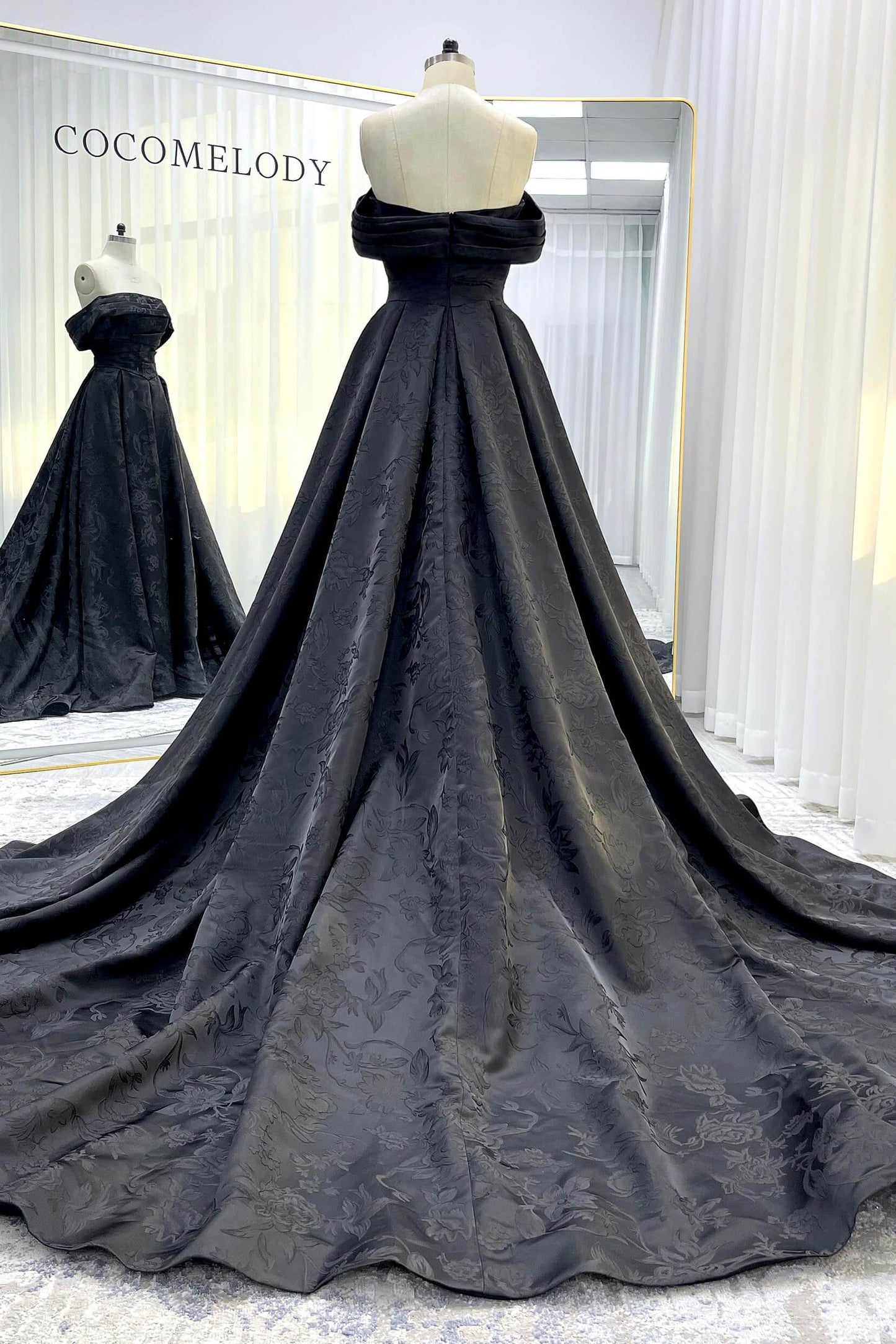A-Line Court Train Jacquard Satin Lace Wedding Dress CW3526 - COCOMELODY