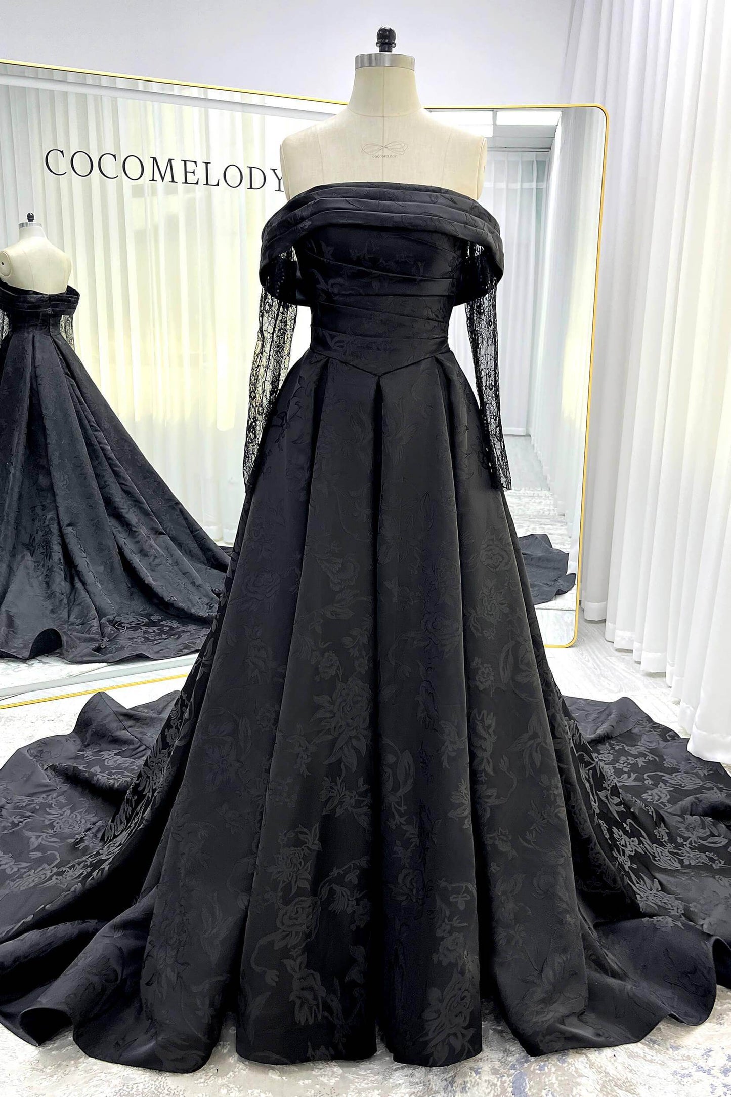 A-Line Court Train Jacquard Satin Lace Wedding Dress CW3526 - COCOMELODY