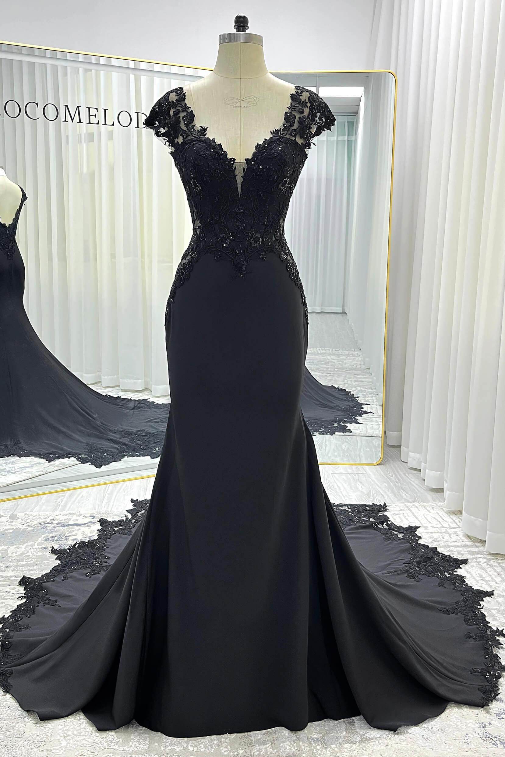 Trumpet-Mermaid Chapel Train Stretch Satin Lace Wedding Dress CW3530 - COCOMELODY