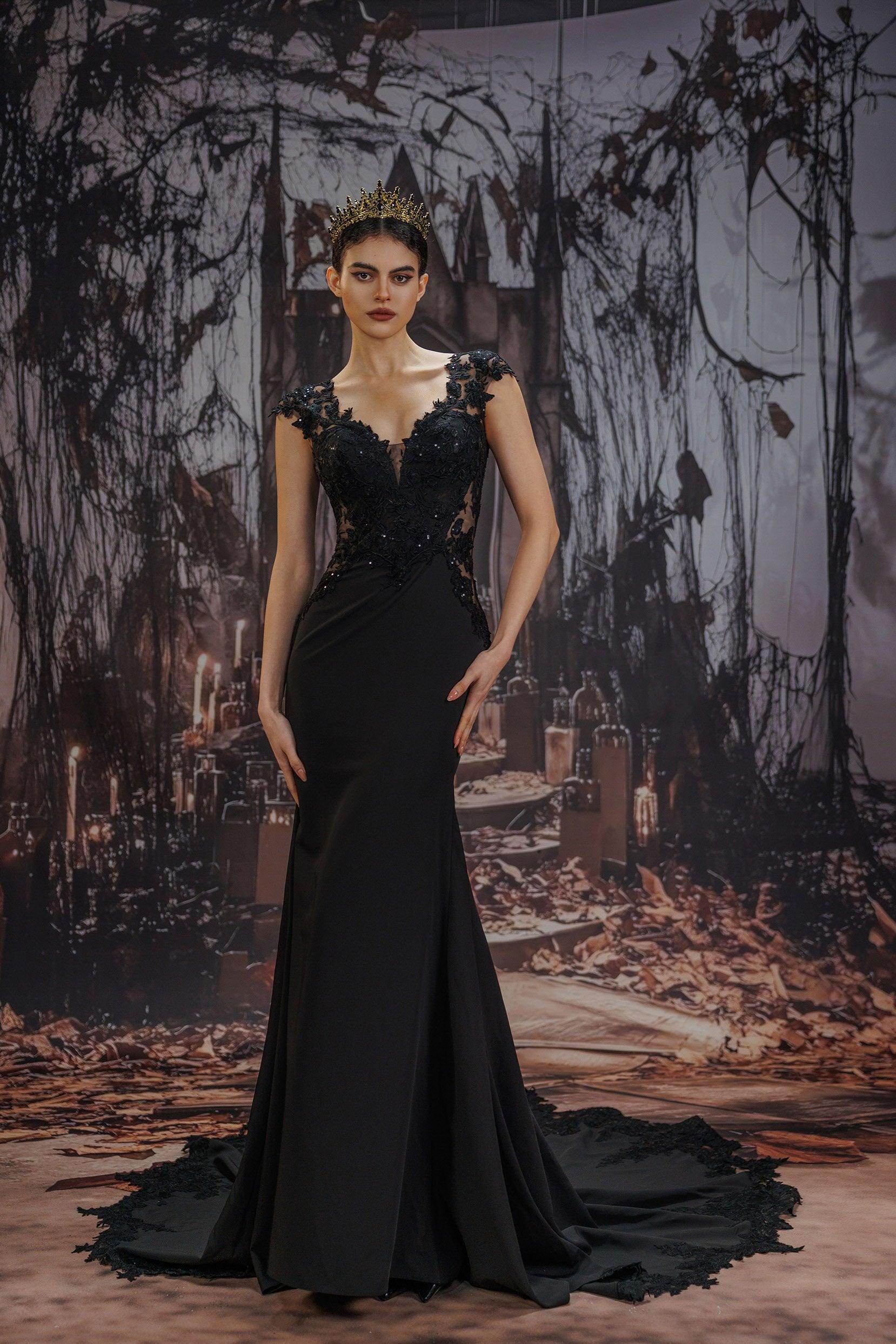 COCOMELODY Trumpet-Mermaid Chapel Train Stretch Satin Lace Black