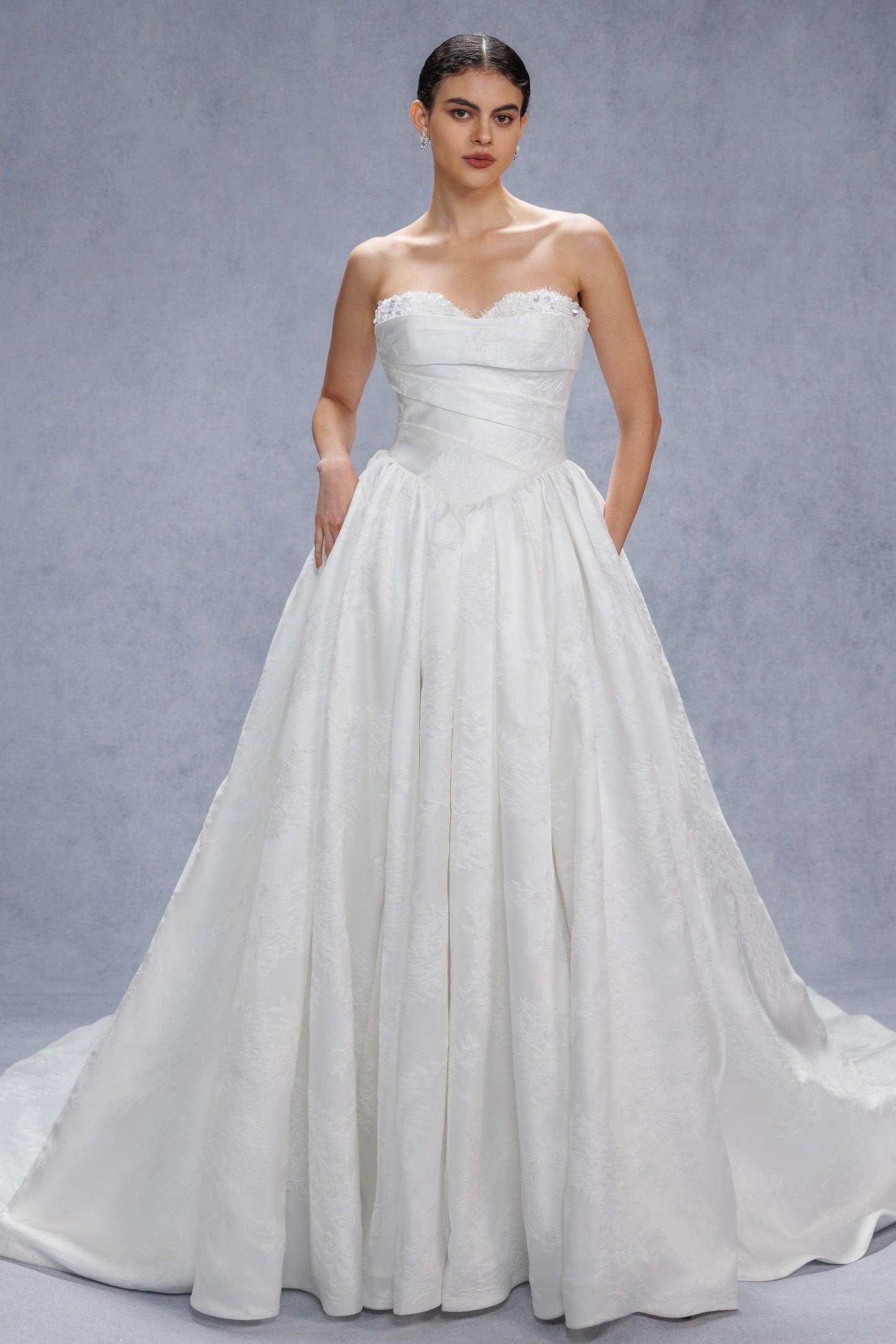Ball Gown Court Train Jacquard Satin Wedding Dress CW3532 - COCOMELODY