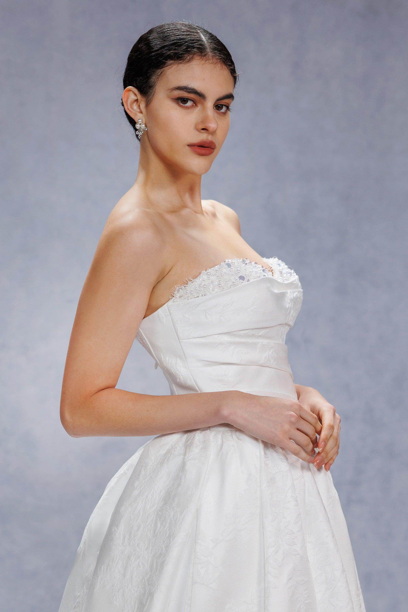 Ball Gown Court Train Jacquard Satin Wedding Dress CW3532 - COCOMELODY