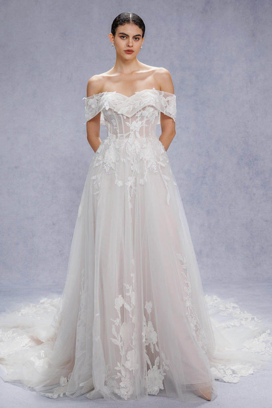 A-Line Court Train Lace Tulle Wedding Dress CW3539 - COCOMELODY