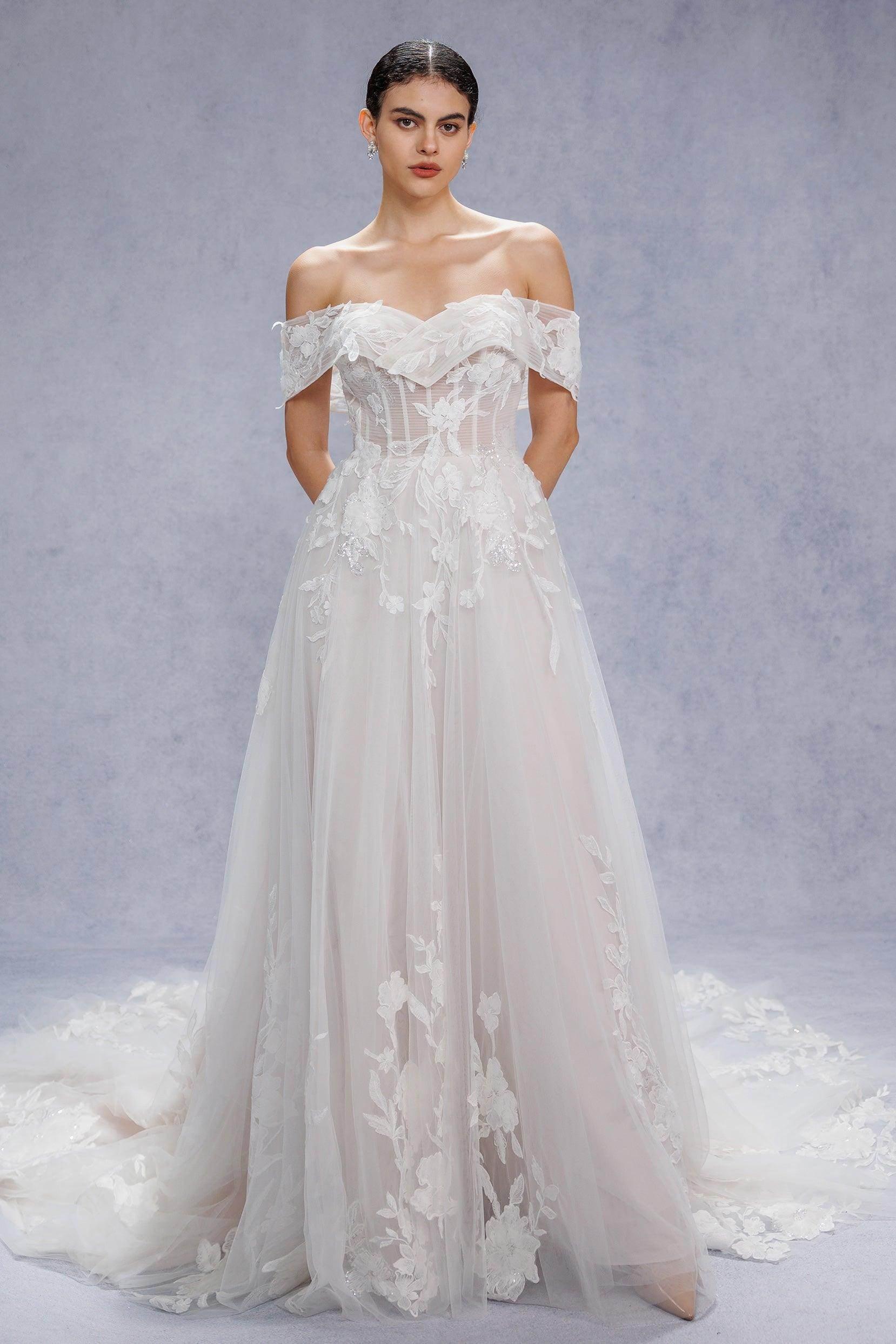 COCOMELODY A-Line Court Train Lace Tulle Elegant Wedding Dresses CW3539CR COCOMELODY A-Line Court Train Lace Tulle Elegant Wedding Dresses CW3539CR