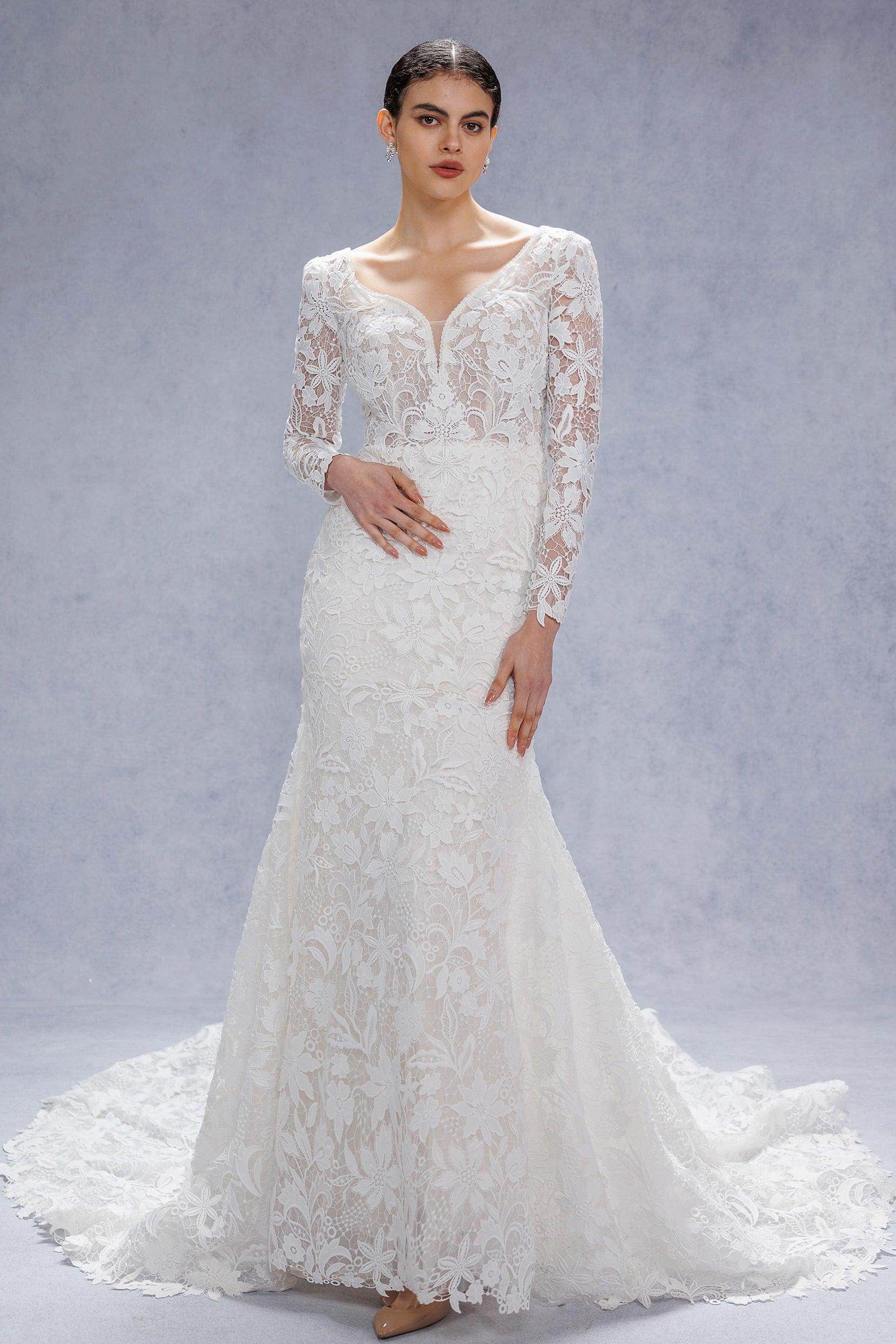 COCOMELODY Trumpet-Mermaid Court Train Lace Tulle Boho Wedding Dress CW3540, 45 Days / As Picture:Ivory/Nude / US2-UK4-EUR32