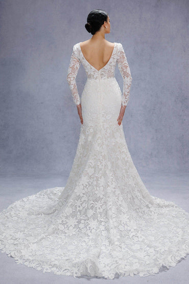 Trumpet-Mermaid Court Train Lace Tulle Wedding Dress CW3540 - COCOMELODY