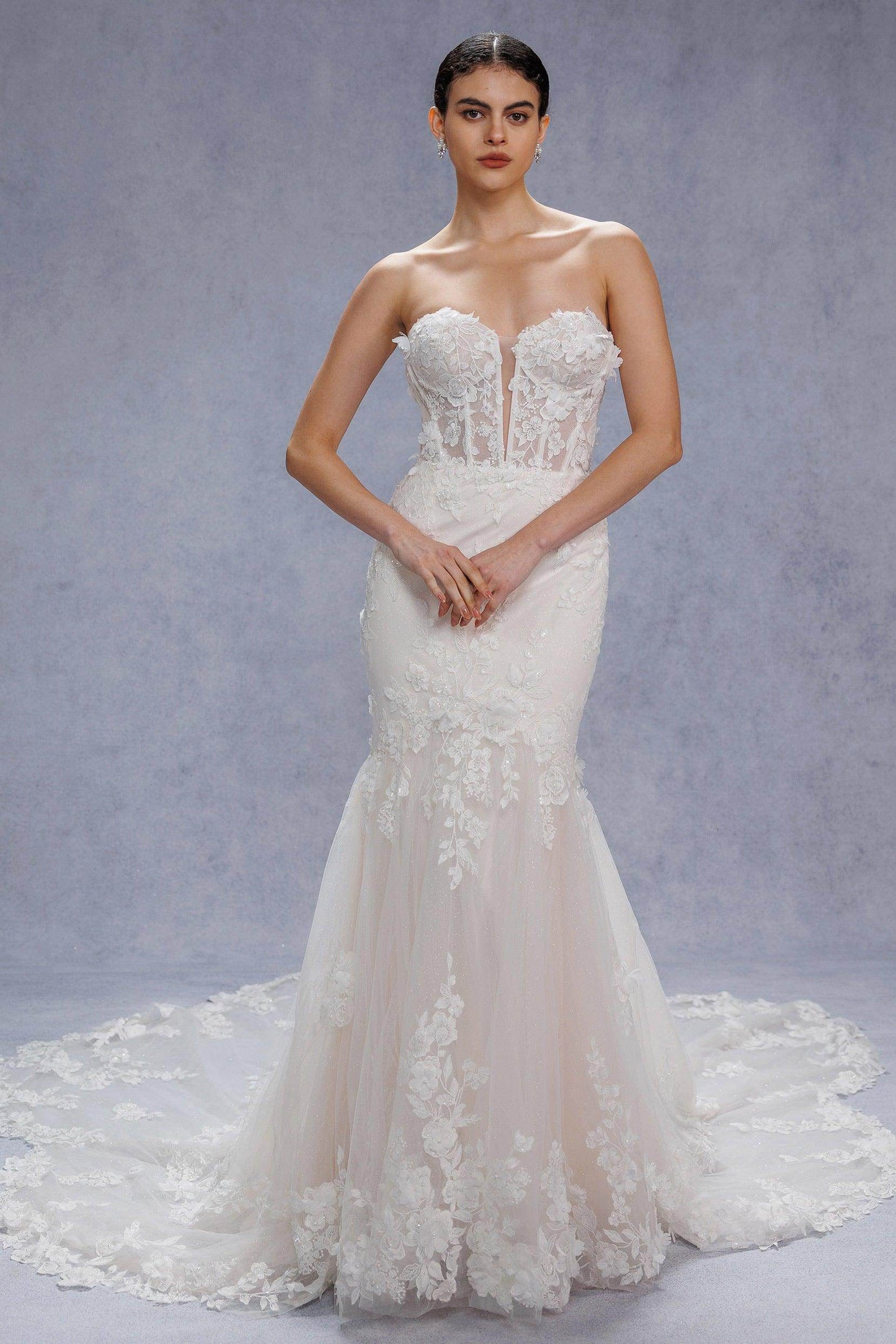Trumpet-Mermaid Chapel Train Lace Tulle Wedding Dress CW3541 - COCOMELODY