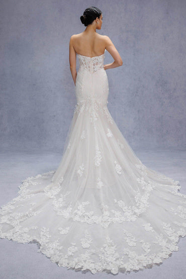Trumpet-Mermaid Chapel Train Lace Tulle Wedding Dress CW3541 - COCOMELODY
