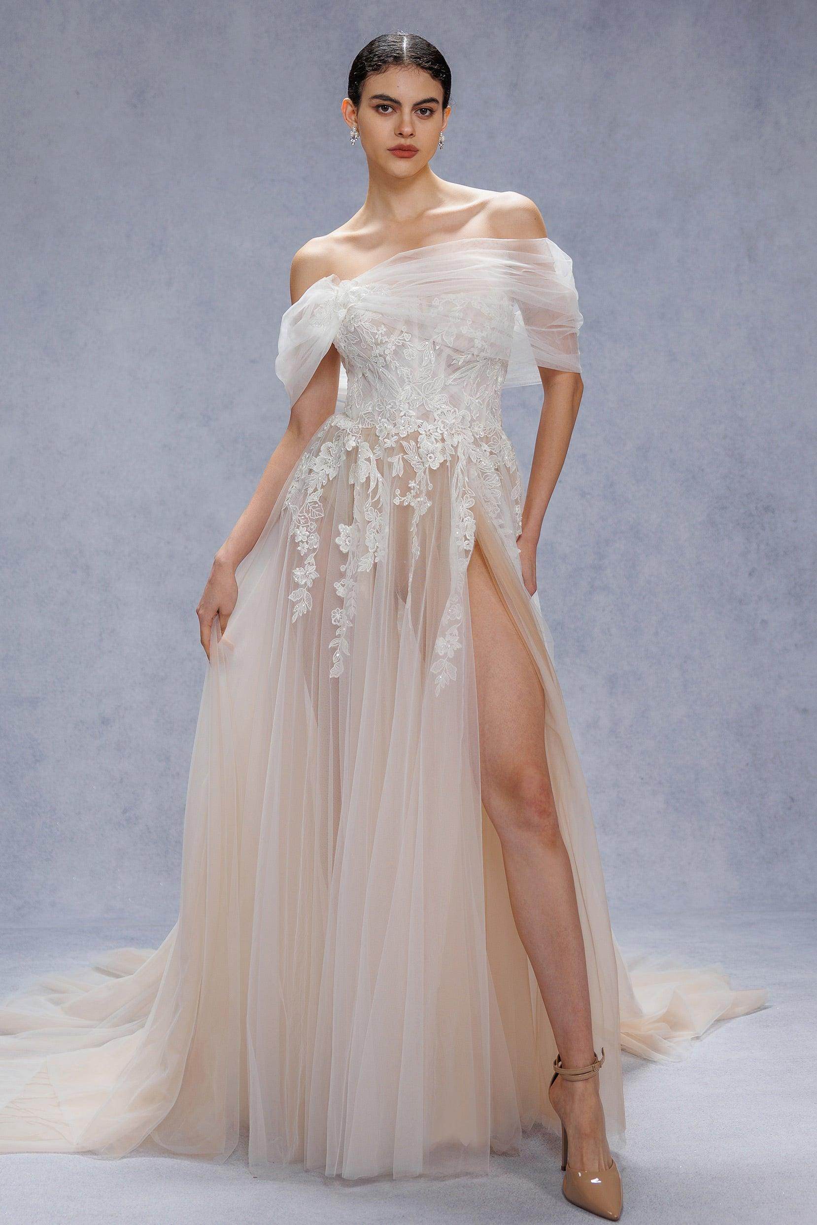 COCOMELODY A-Line Court Train Lace Tulle Sexy Wedding Dress CW3542, 45 Days / Ivory / US4-UK6-EUR34 COCOMELODY A-Line Court Train Lace Tulle Sexy Wedding Dress CW3542, 45 Days / Ivory / US4-UK6-EUR34