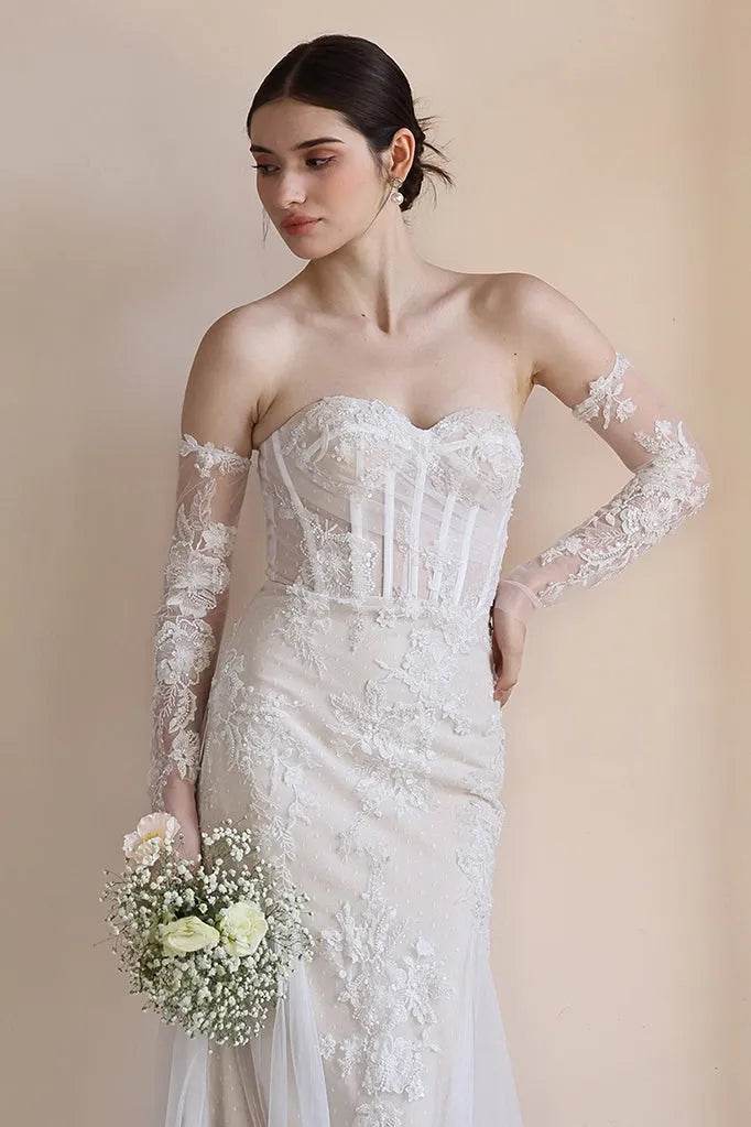 Trumpet-Mermaid Court Train Lace Tulle Wedding Dress CW3544 - COCOMELODY