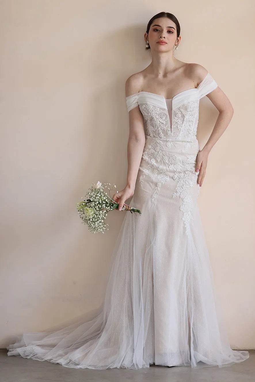 Trumpet-Mermaid Sweep-Brush Train Lace Tulle Wedding Dress CW3545 - COCOMELODY