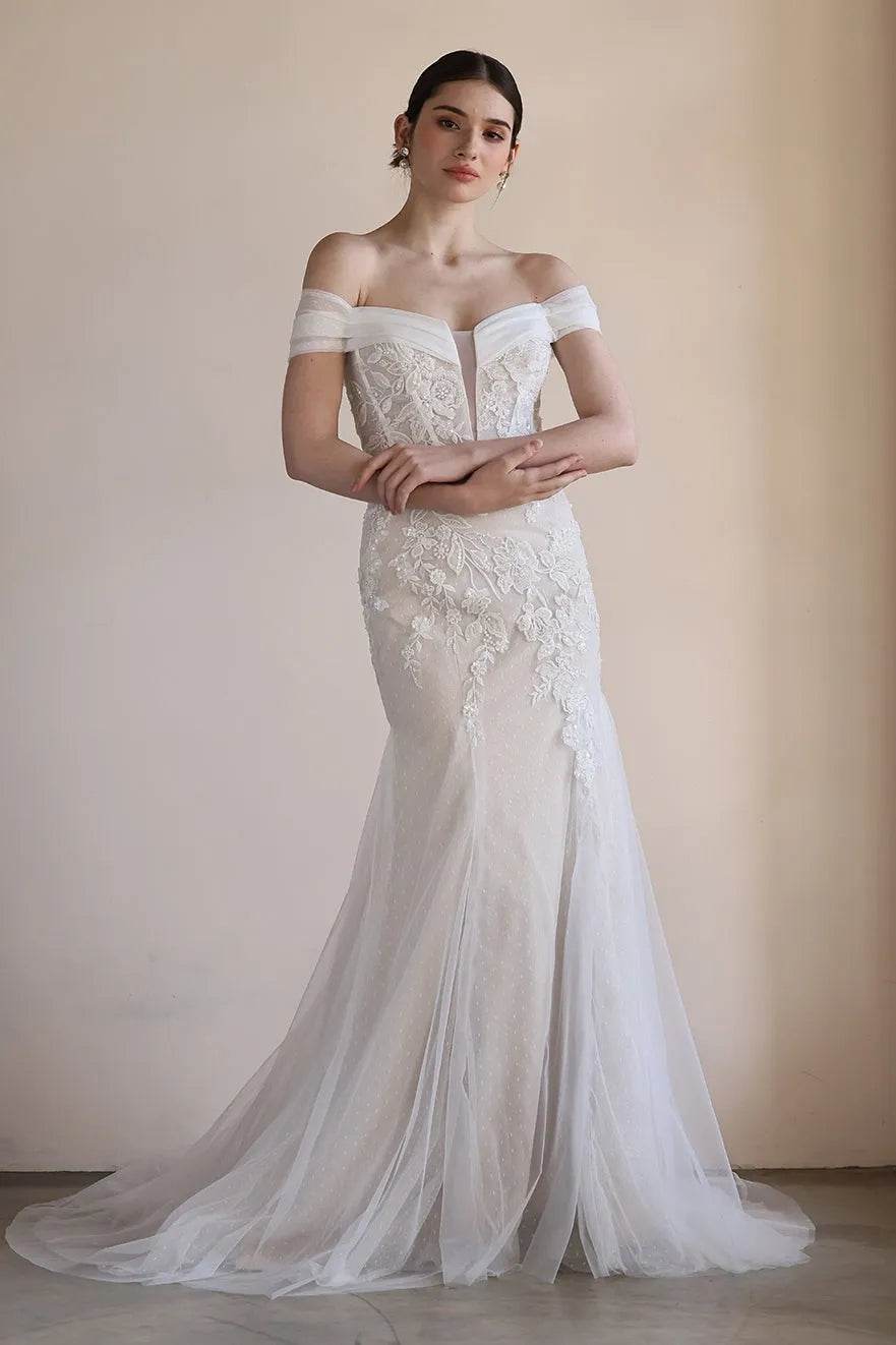 Trumpet-Mermaid Sweep-Brush Train Lace Tulle Wedding Dress CW3545 - COCOMELODY