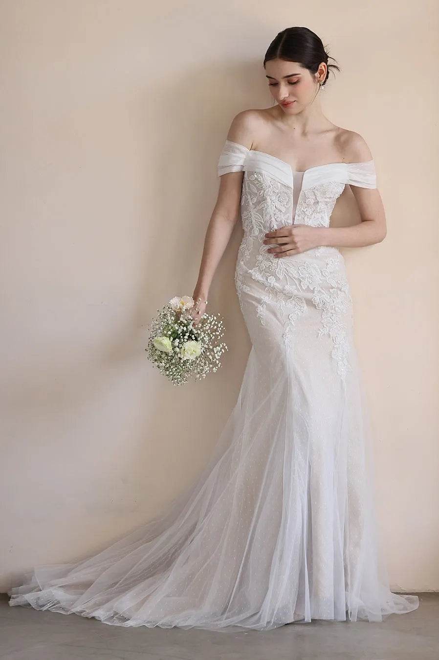 Trumpet-Mermaid Sweep-Brush Train Lace Tulle Wedding Dress CW3545 - COCOMELODY