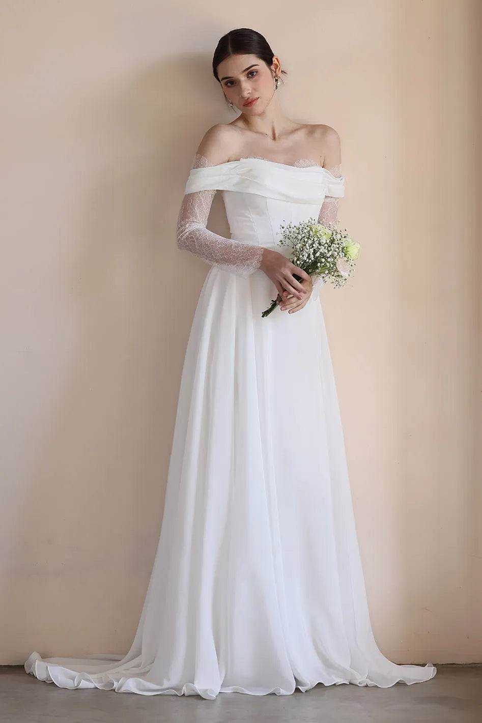 A-Line Sweep-Brush Train Lace Chiffon Wedding Dress CW3546 - COCOMELODY