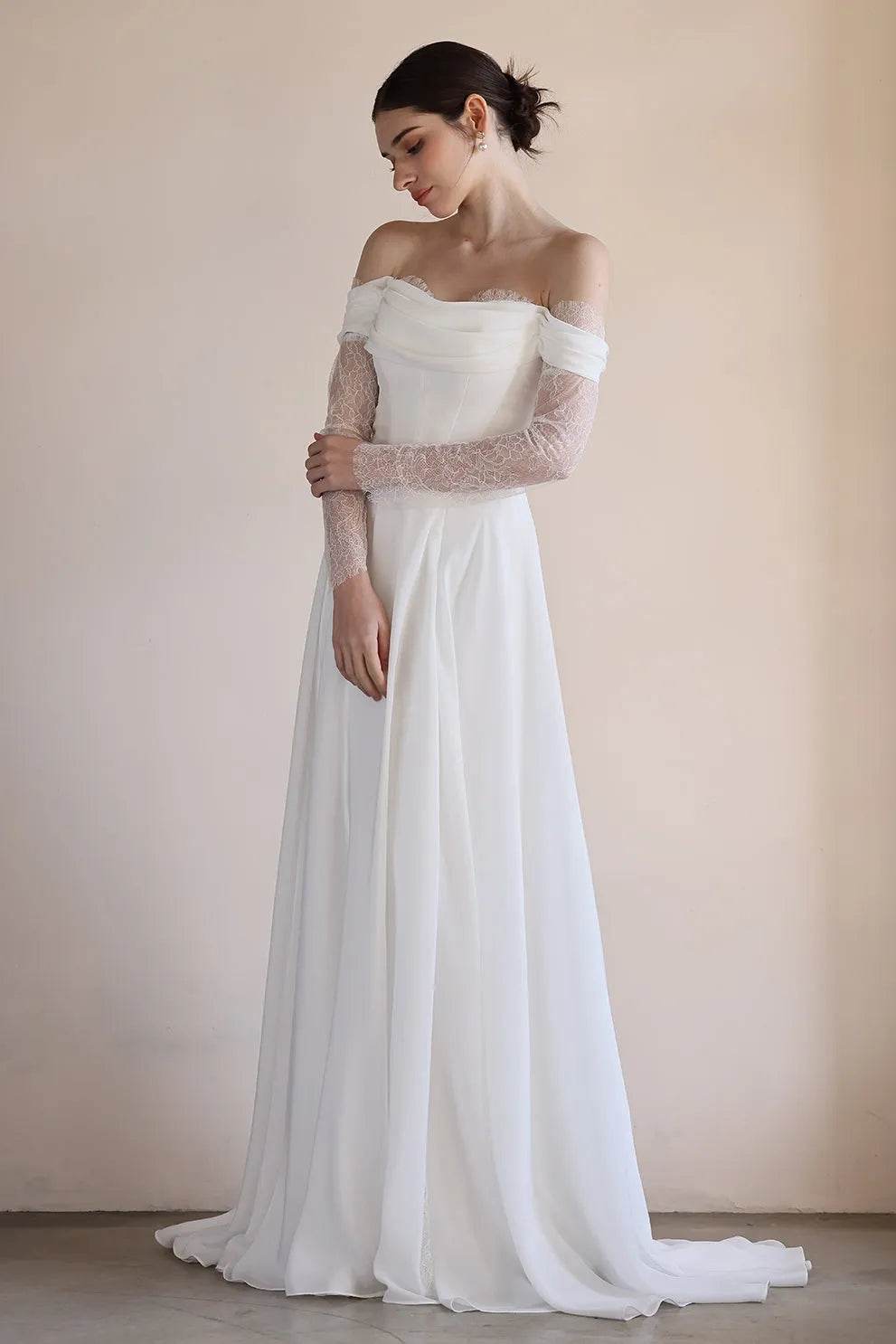 A-Line Sweep-Brush Train Lace Chiffon Wedding Dress CW3546 - COCOMELODY