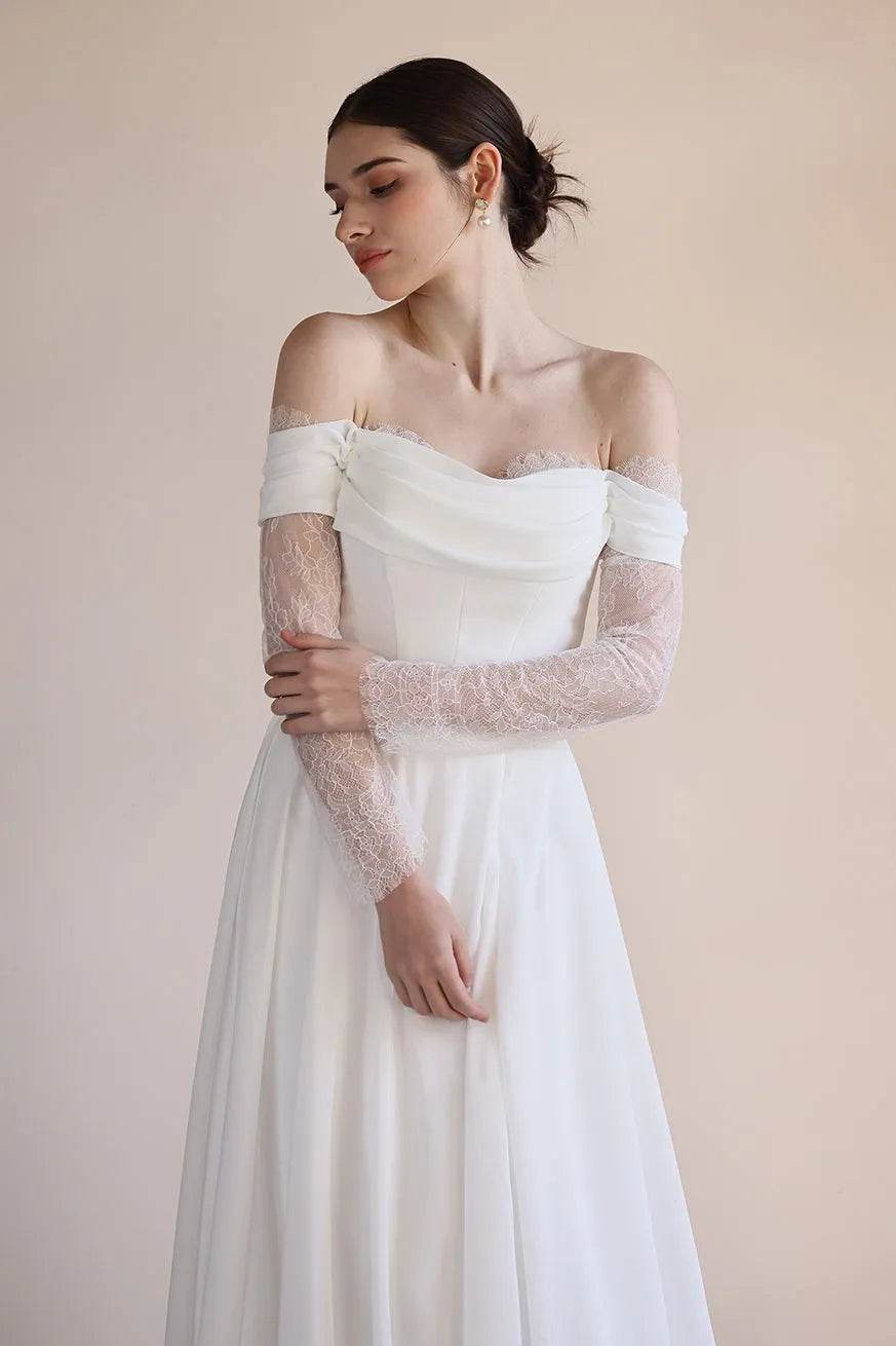 A-Line Sweep-Brush Train Lace Chiffon Wedding Dress CW3546 - COCOMELODY