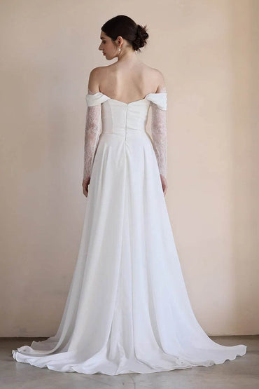 A-Line Sweep-Brush Train Lace Chiffon Wedding Dress CW3546 - COCOMELODY
