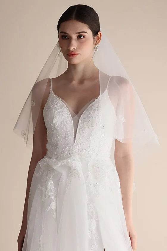A-Line Sweep-Brush Train Lace Tulle Wedding Dress CW3547 - COCOMELODY