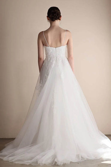 A-Line Sweep-Brush Train Lace Tulle Wedding Dress CW3547 - COCOMELODY