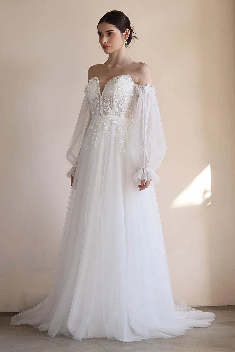 A-Line Sweep-Brush Train Lace Tulle Wedding Dress CW3548 - COCOMELODY