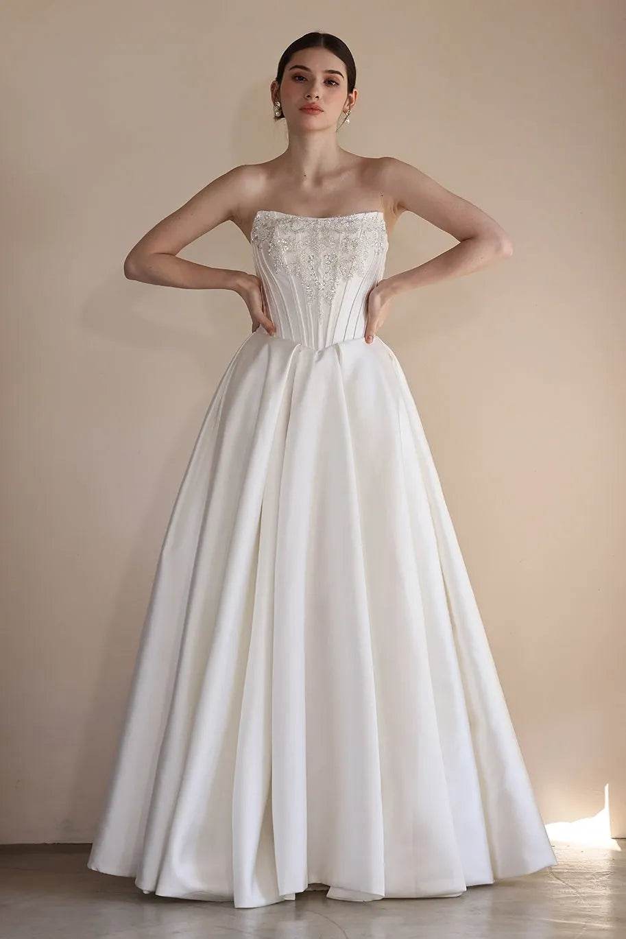 A-Line Strapless Satin Drop Waist Wedding Dress COCOMELODY CW3549