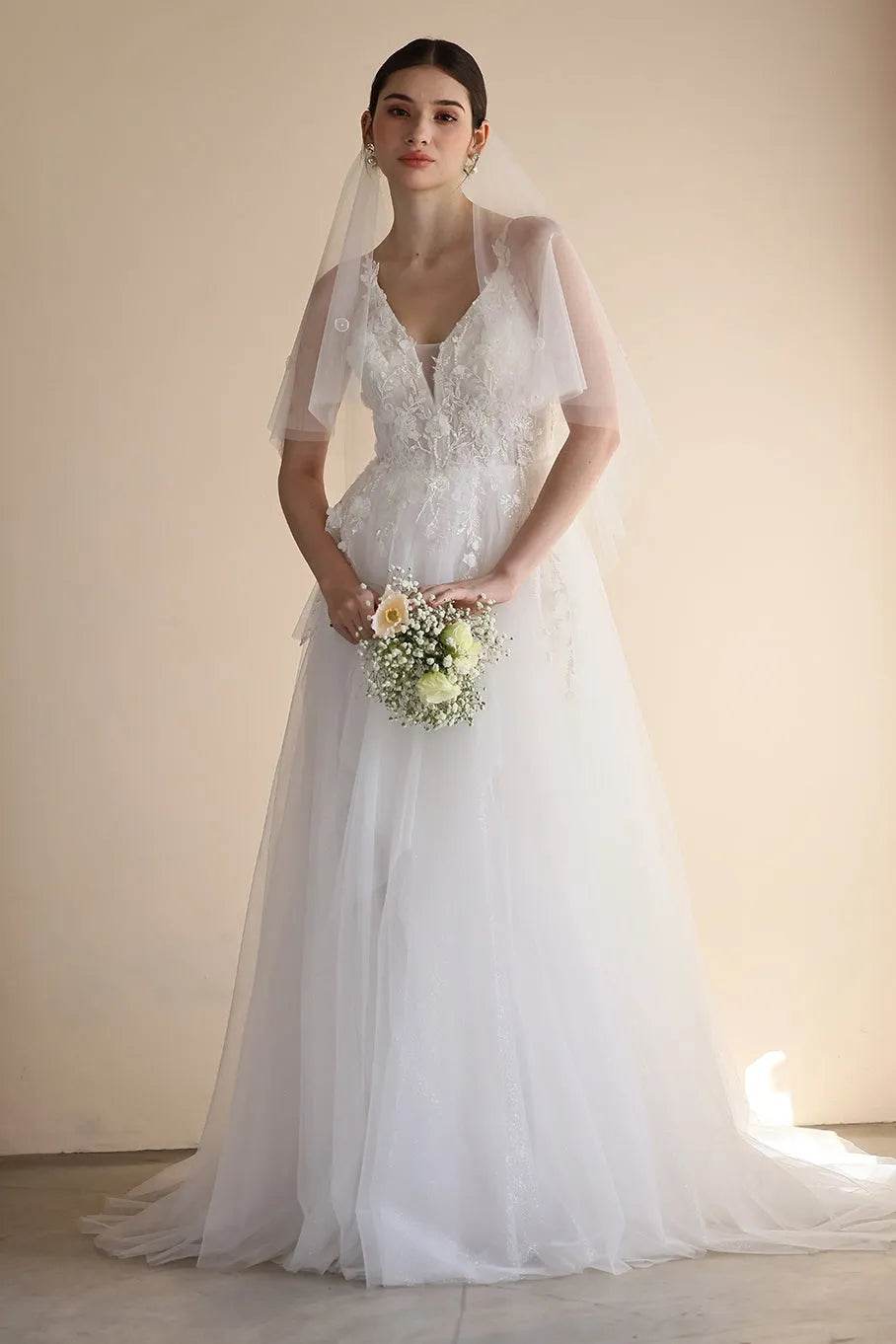 A-Line Sweep-Brush Train Lace Tulle Wedding Dress CW3550 - COCOMELODY