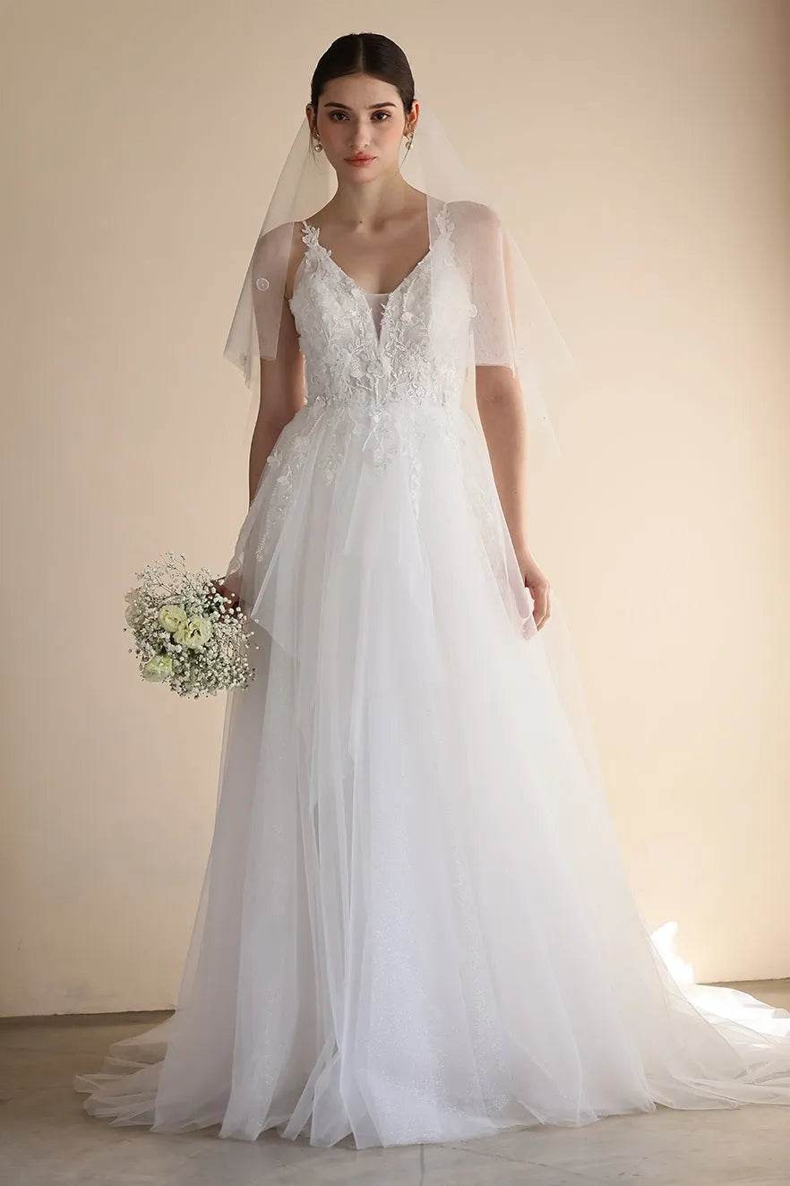 A-Line Sweep-Brush Train Lace Tulle Wedding Dress CW3550 - COCOMELODY