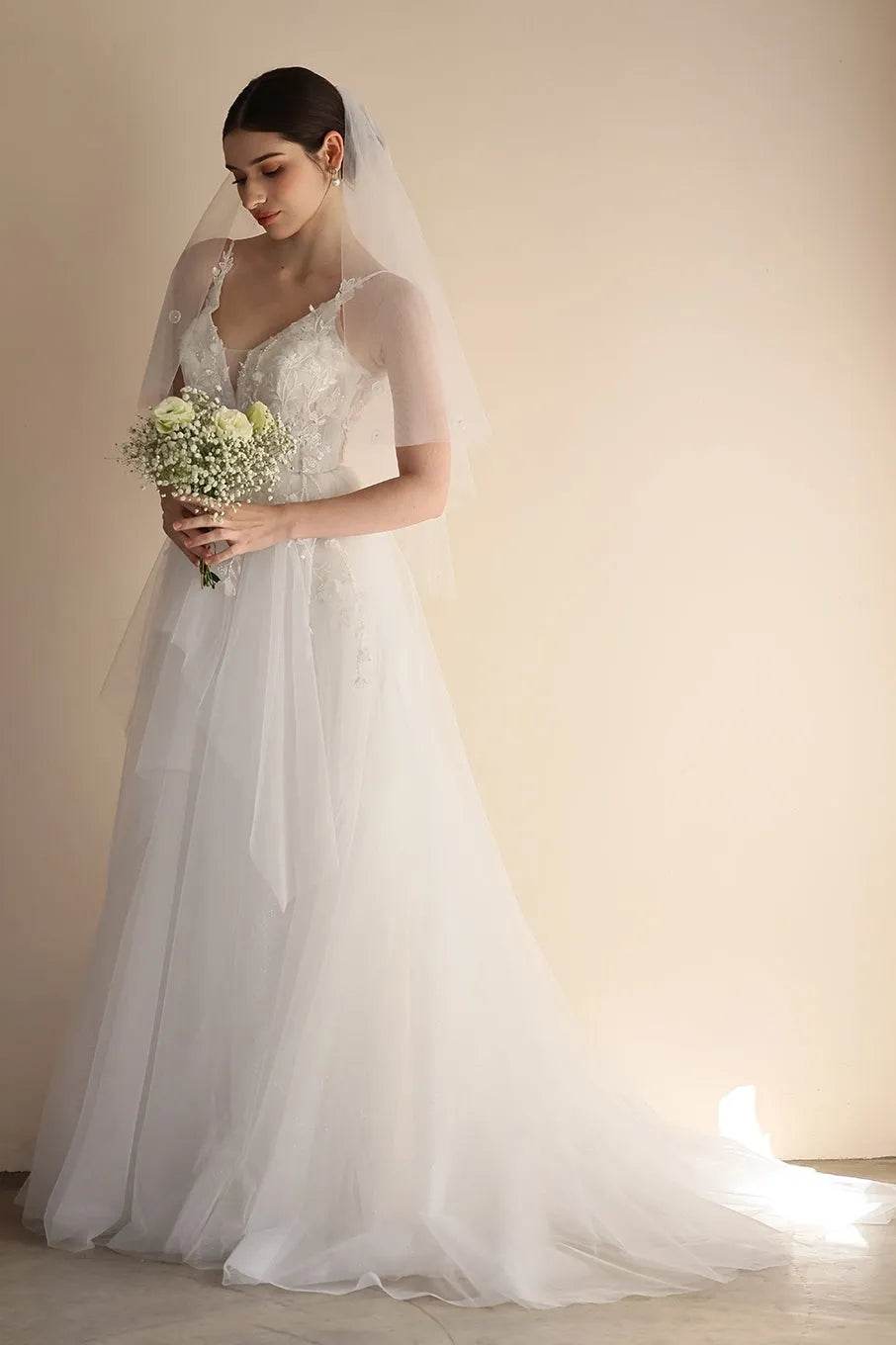 A-Line Sweep-Brush Train Lace Tulle Wedding Dress CW3550 - COCOMELODY