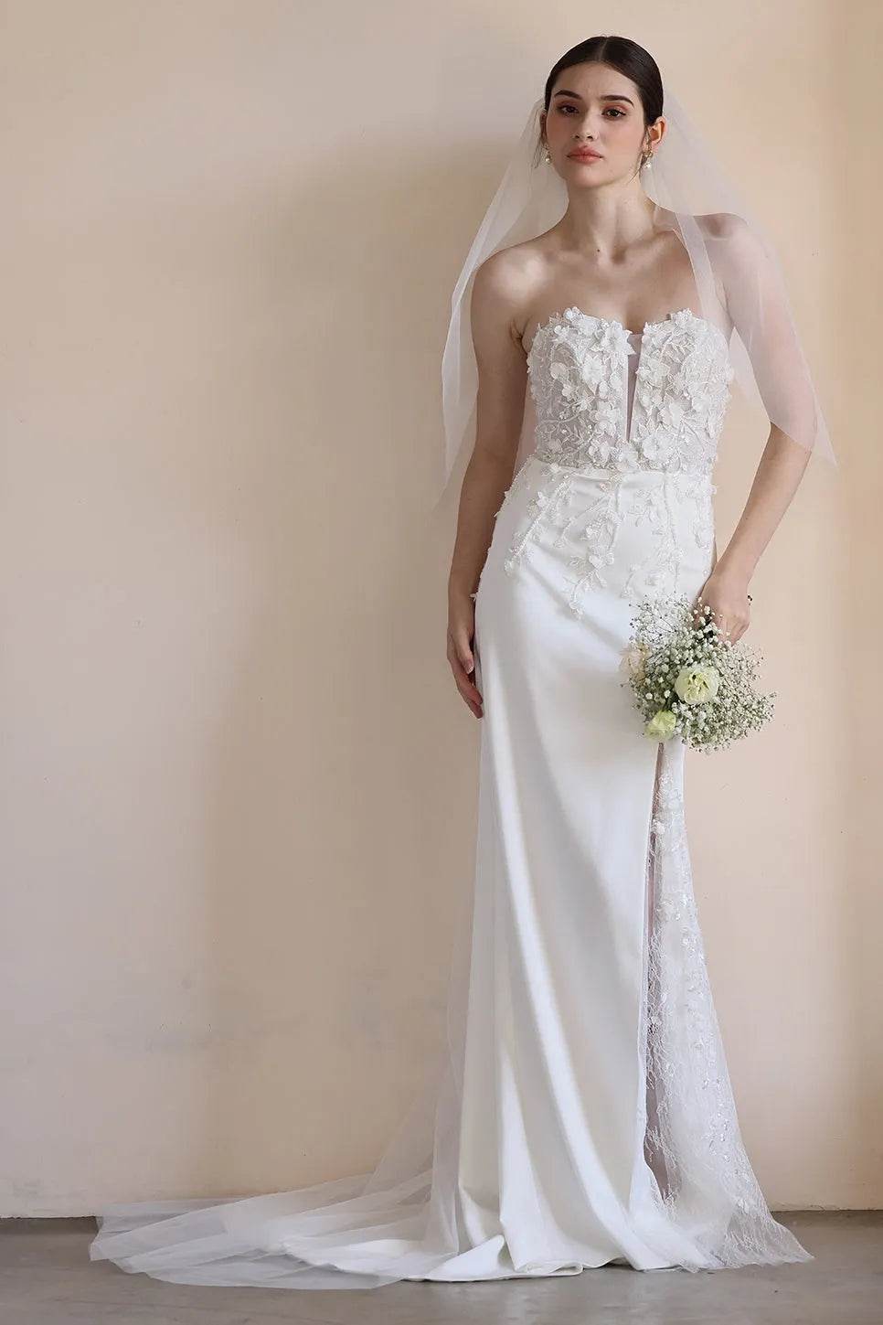 Trumpet-Mermaid Sweep-Brush Train Satin Lace Wedding Dress CW3551 - COCOMELODY